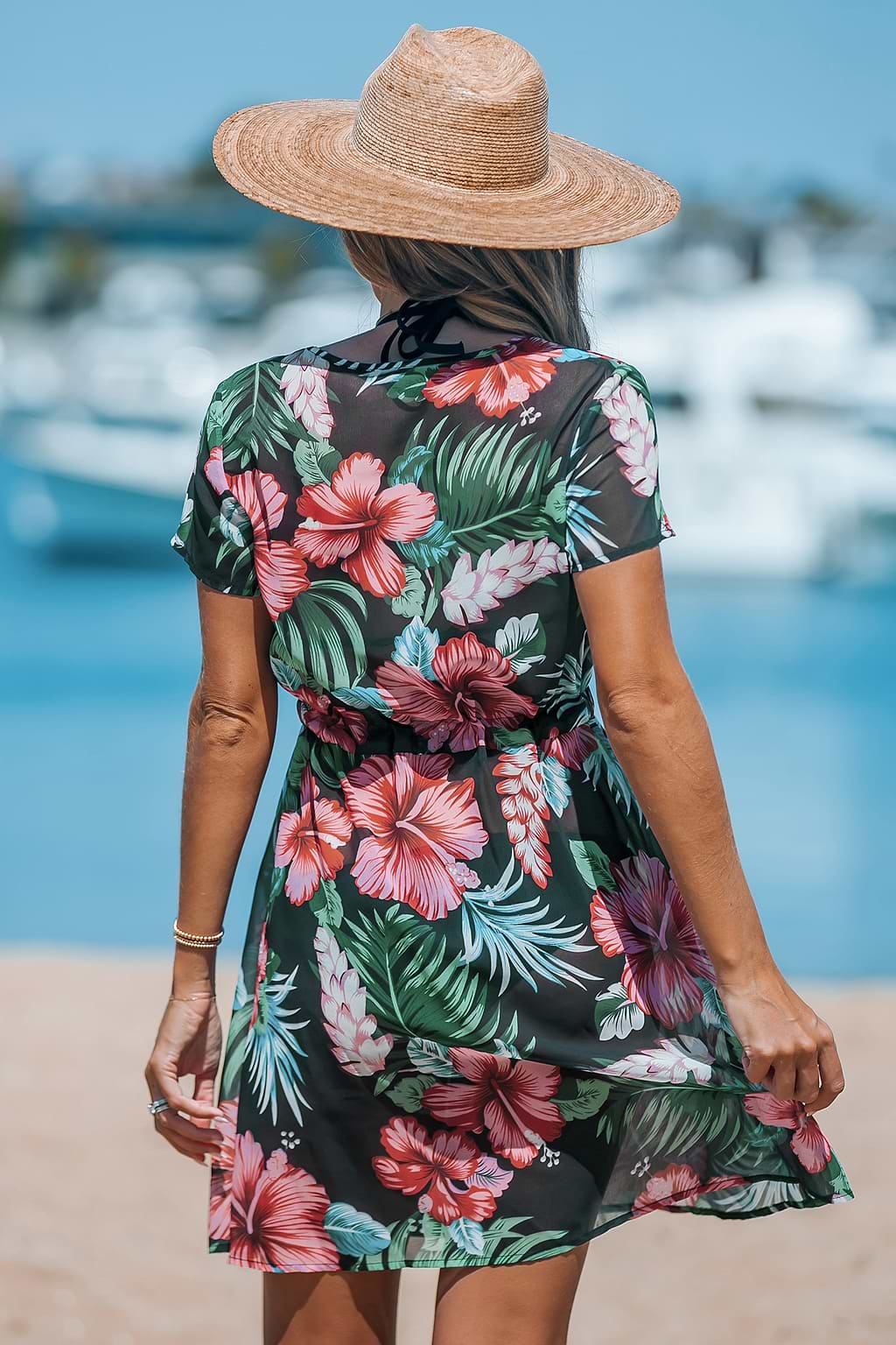 Midnight Tropics Short Sleeve Tie Waist Cover-Up Dress