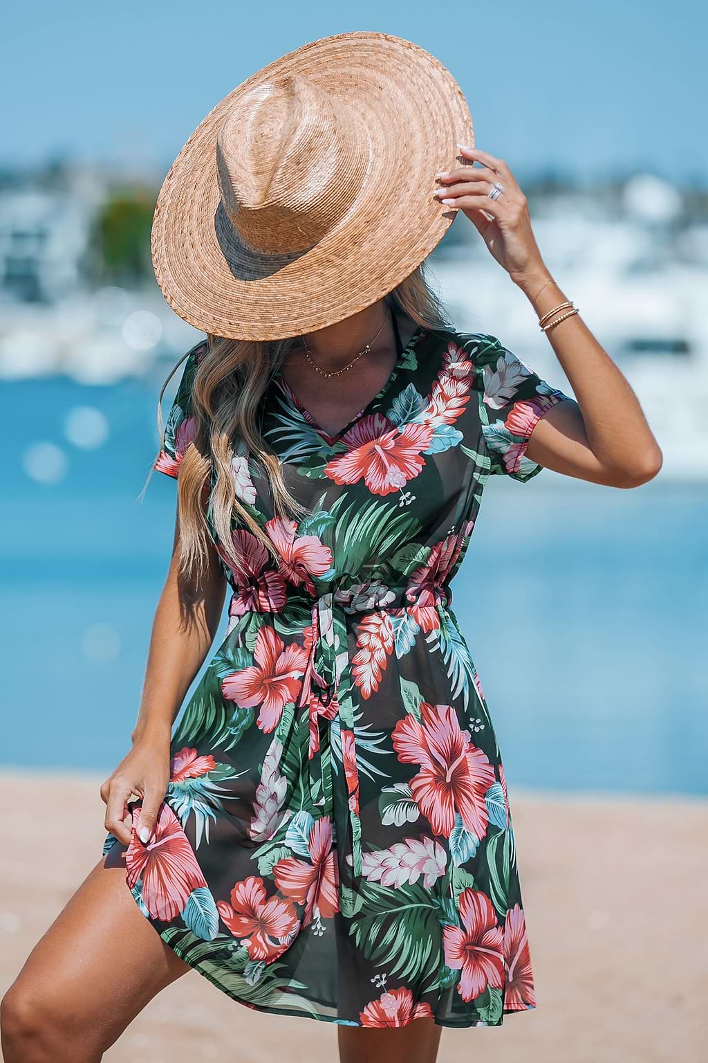 Midnight Tropics Short Sleeve Tie Waist Cover-Up Dress