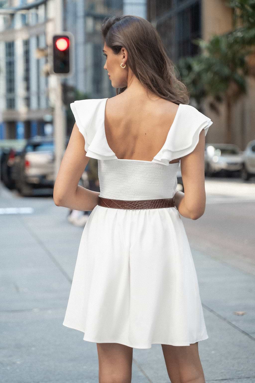 White Ruffled V-Neck Mini Dress