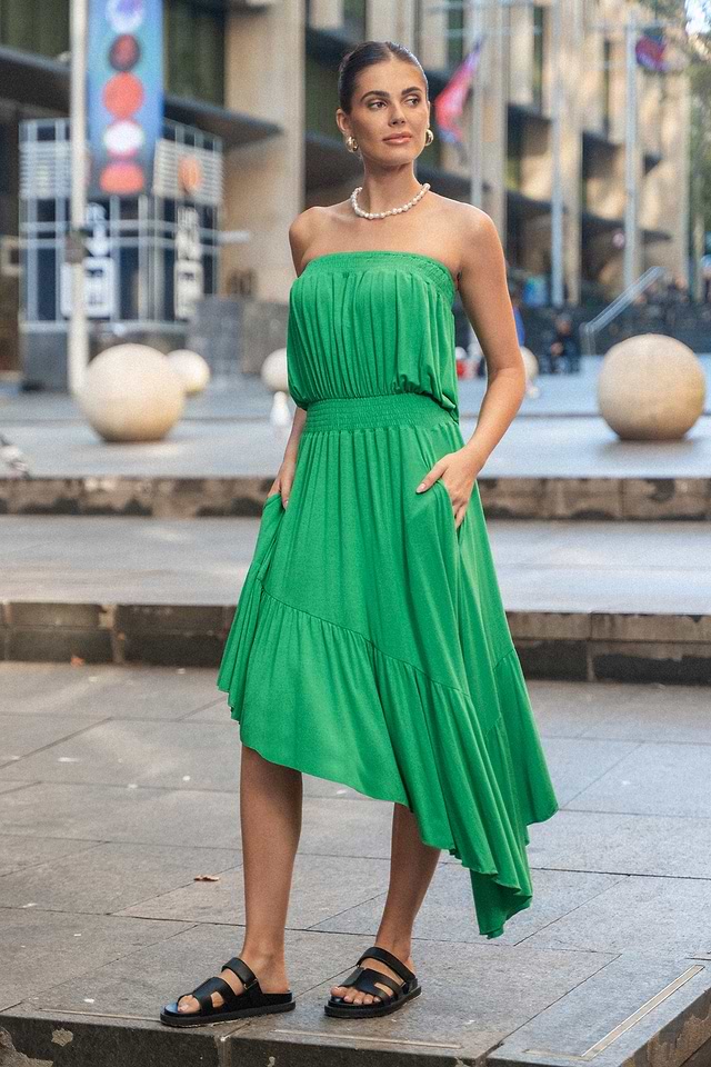 Kelly Green Asymmetrical Flounce Hem Tube Dress