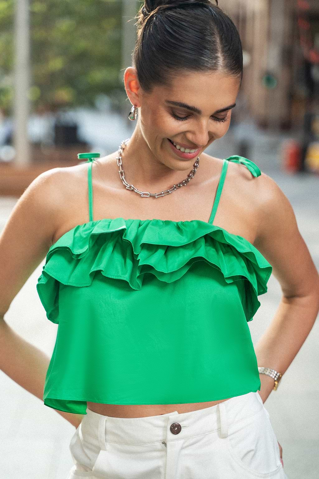 Green Tie Shoulder Ruffle Neck Cami