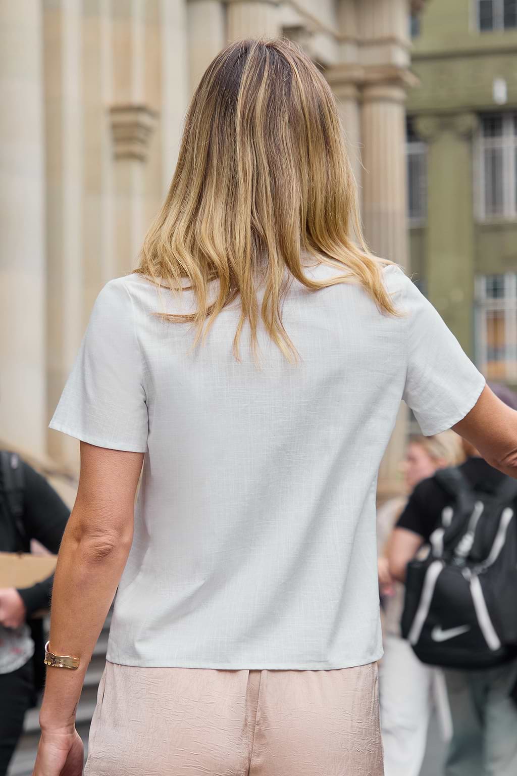 Collared Short Sleeve Front Tie Cotton Blouse