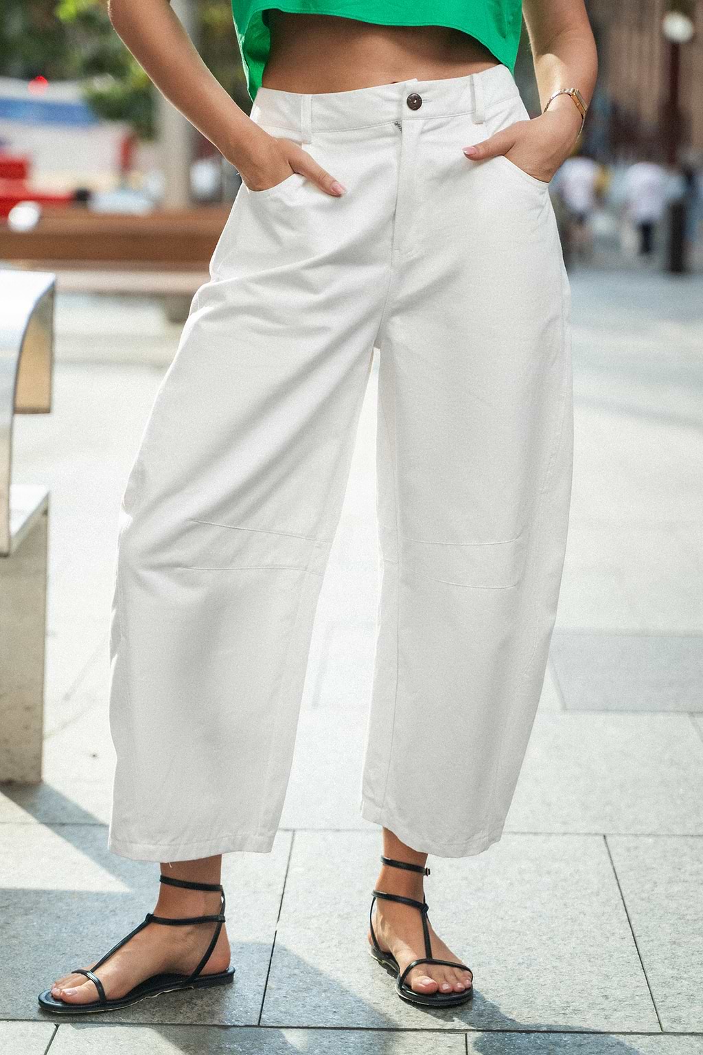 White Woven Barrel Leg Pants