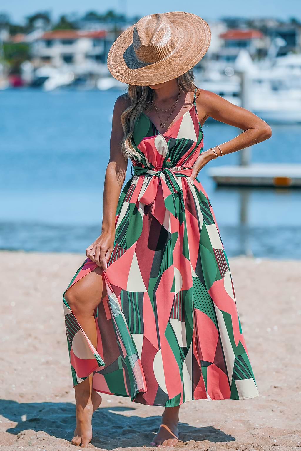 Robe midi sans manches avec taille à nouer géométrique