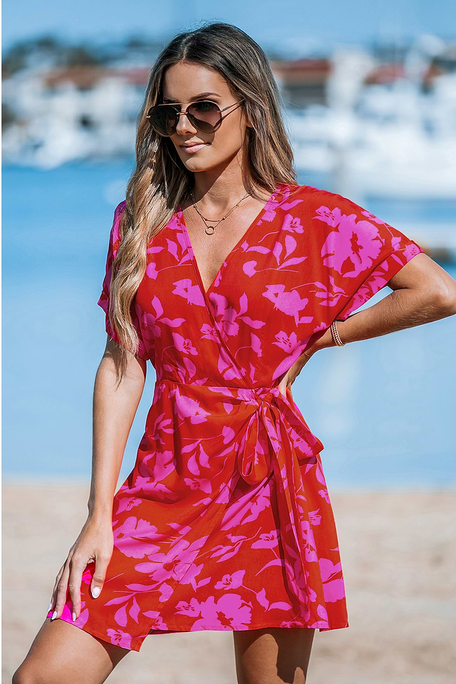 pink wrap dress Flowy Hot Women's Maxi XL as well as Satin Floral Print Wrap Dress(MS377),