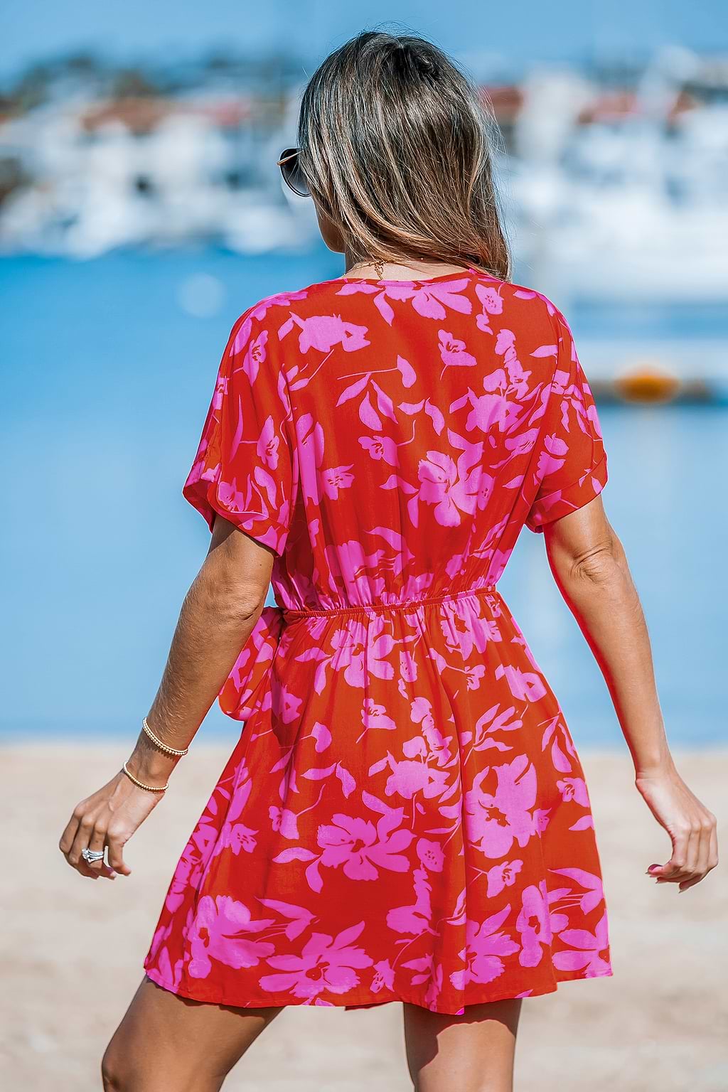 Pink Floral Side Tie Wrap Mini Dress
