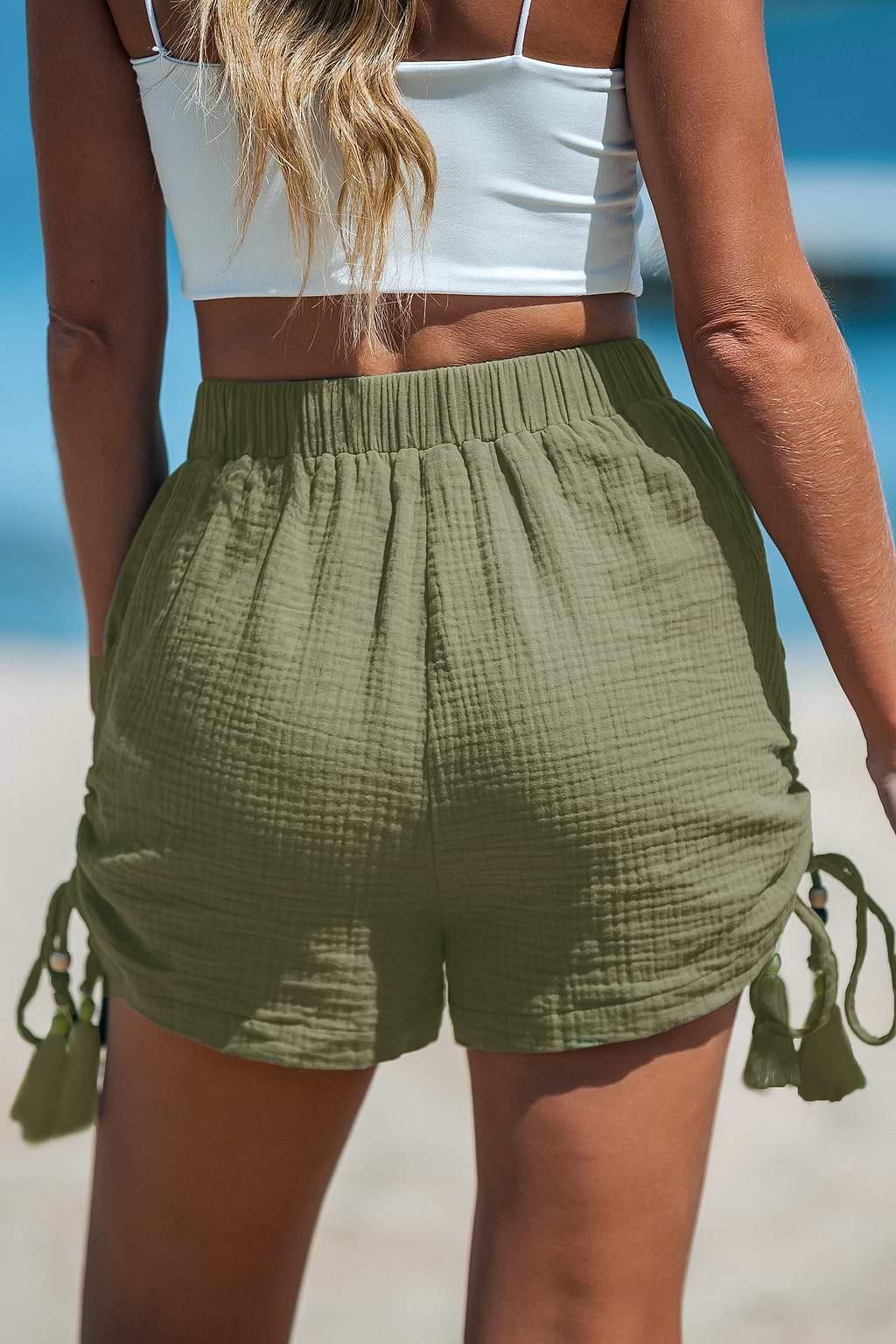 Olive Green Beaded Drawstring Shorts