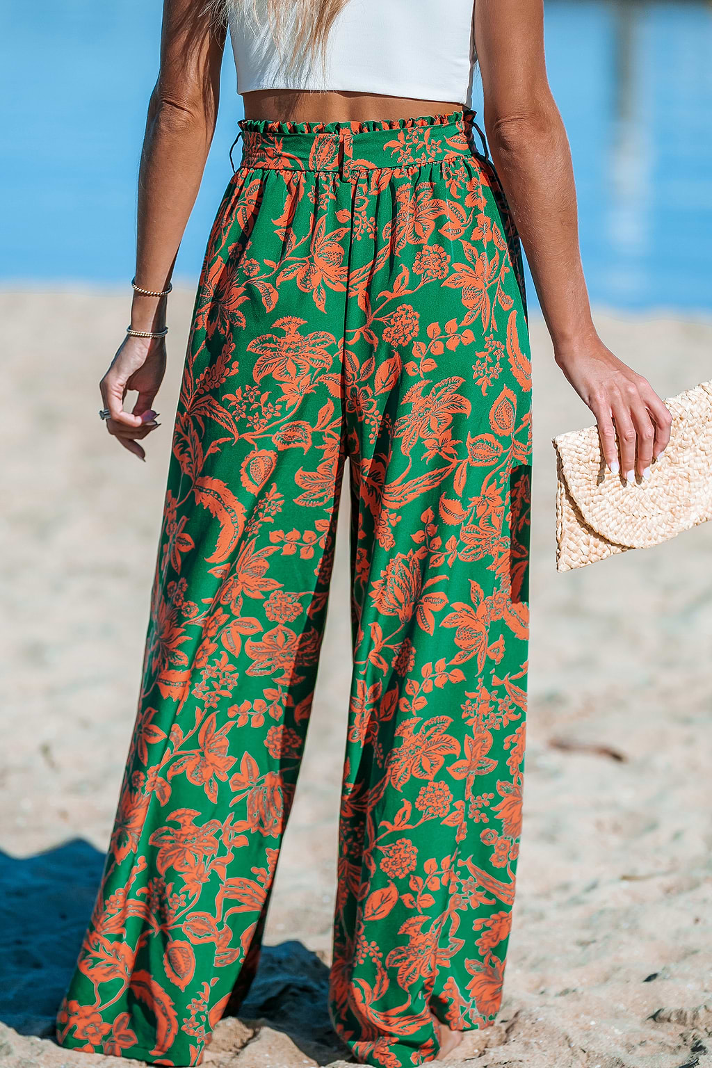 Tropical Tie Waist Wide Leg Pants