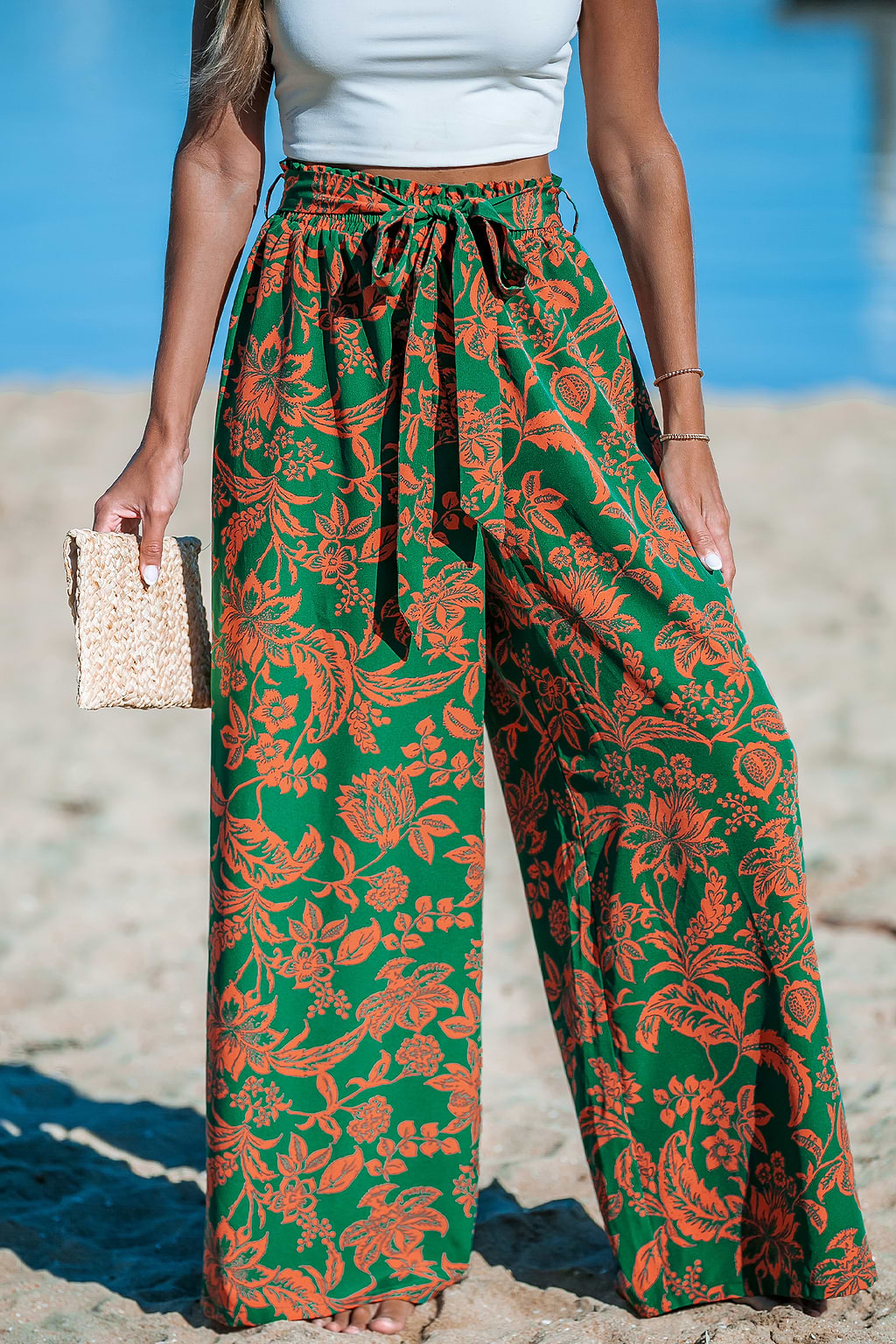 Tropical Tie Waist Wide Leg Pants