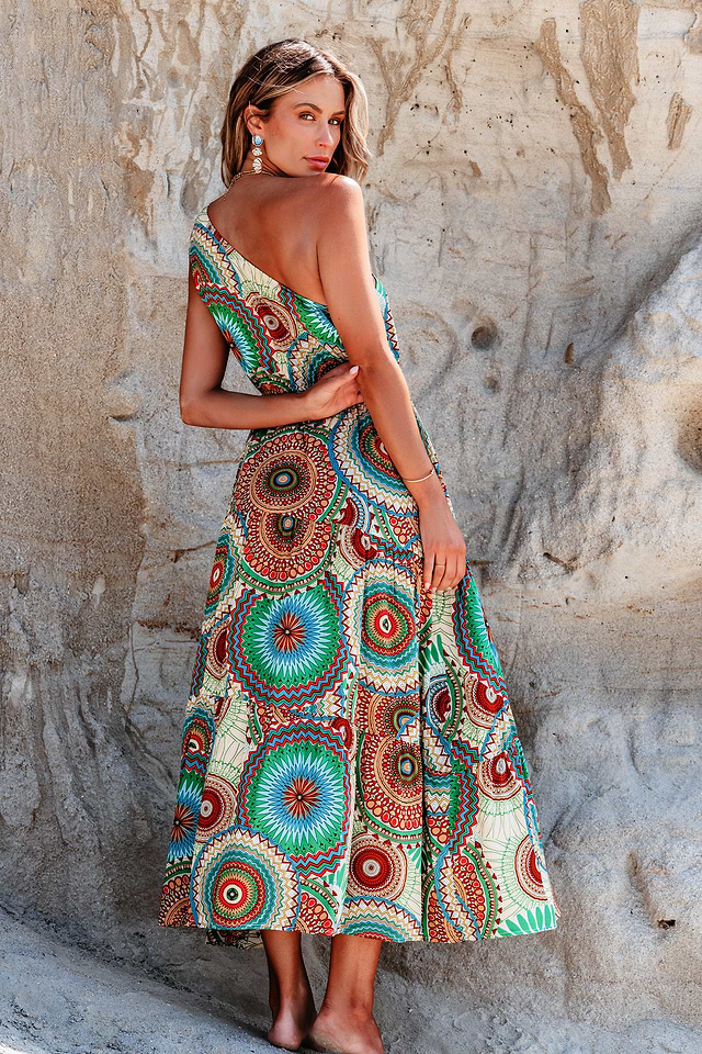 Green Boho One-Shoulder Maxi Dress