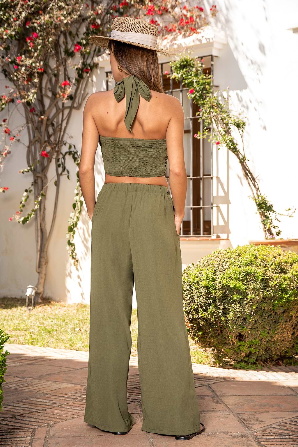 Olive Twisted Halter Top & Straight Leg Pants Set
