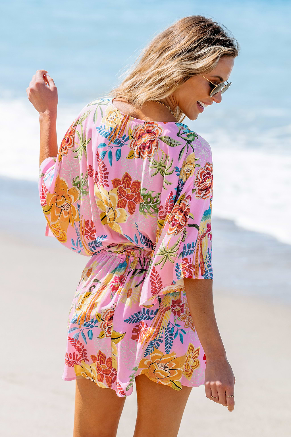Rosa Tropisches Minikleid mit Dolman-Ärmeln