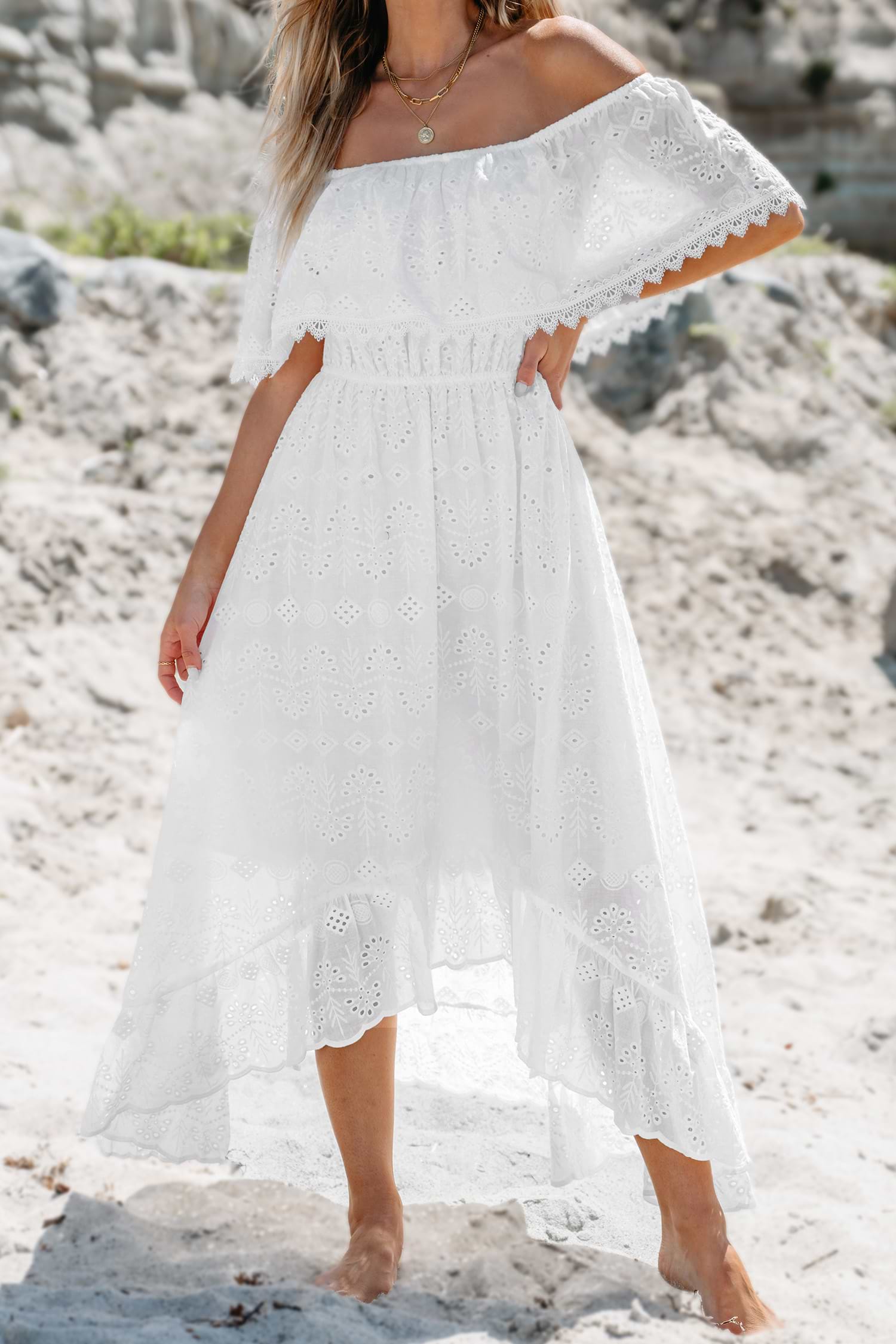 White Eyelet Off-Shoulder Midi Dress