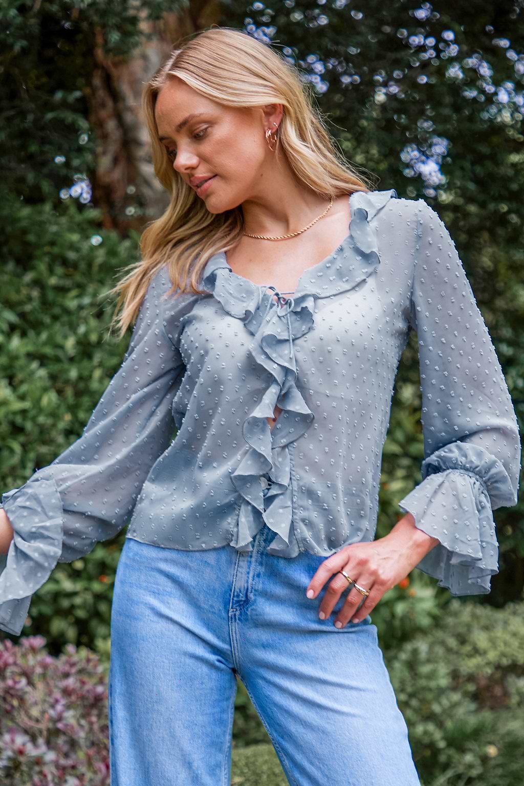 Light Blue Blouson Sleeve Ruffled Swiss Dot Blouse