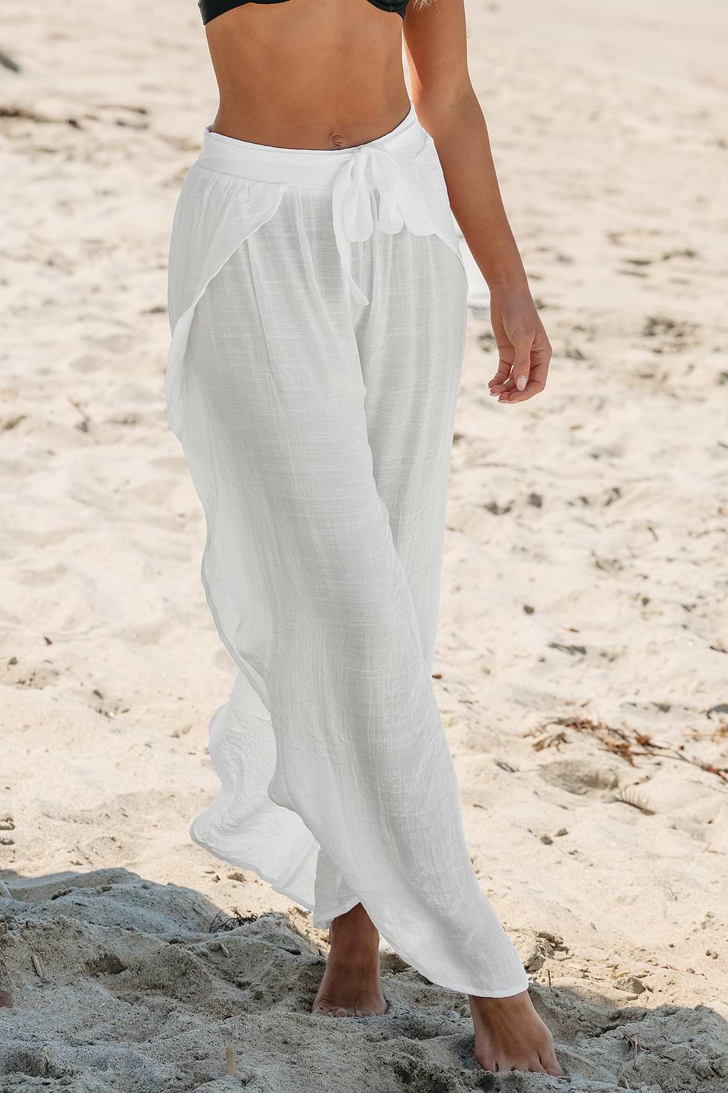 White Tie Waist Tulip Hem Cover-Up Pants