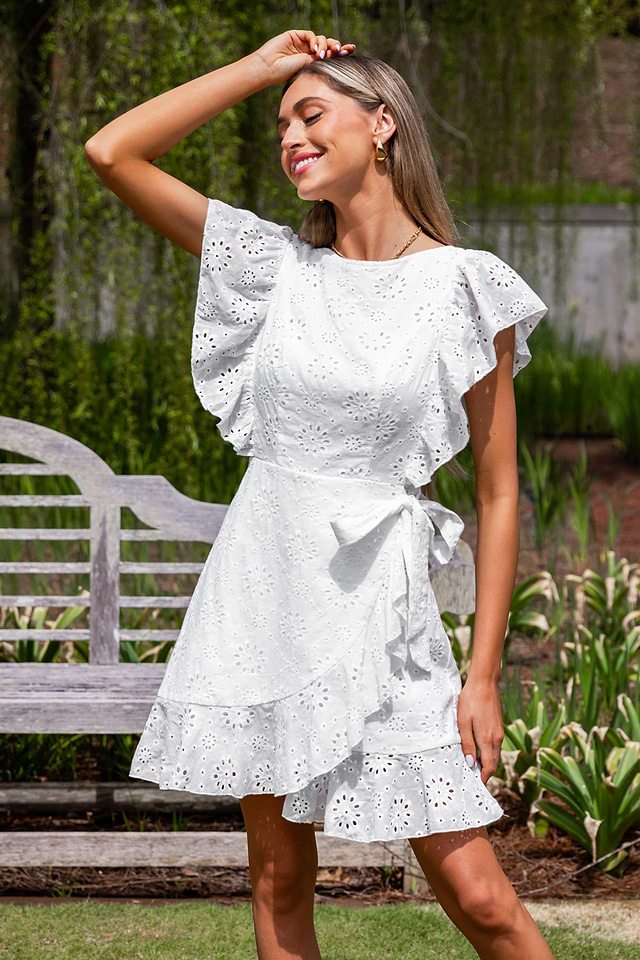 White Eyelet Ruffled Wrap Mini Dress