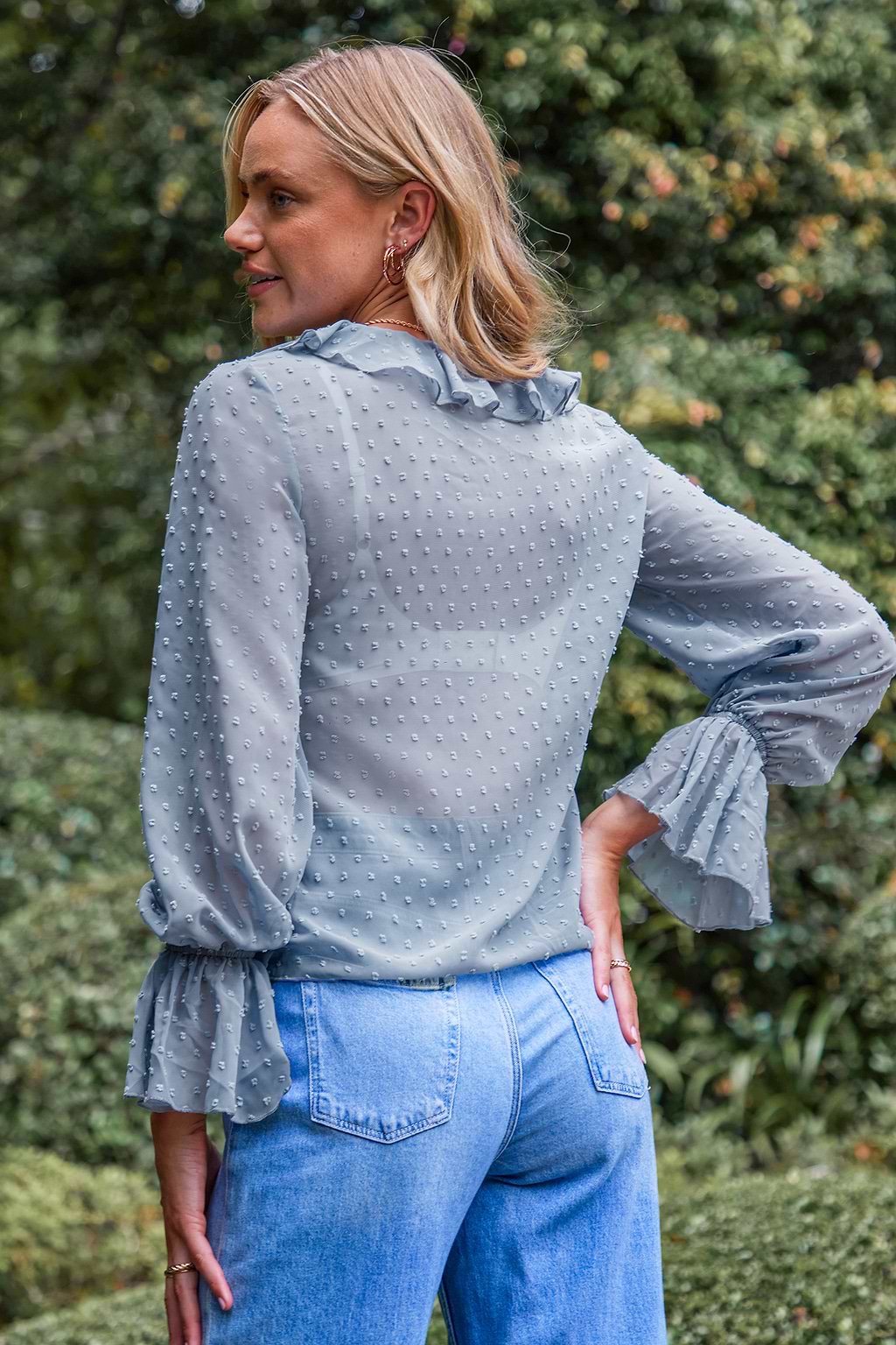 Light Blue Blouson Sleeve Ruffled Swiss Dot Blouse