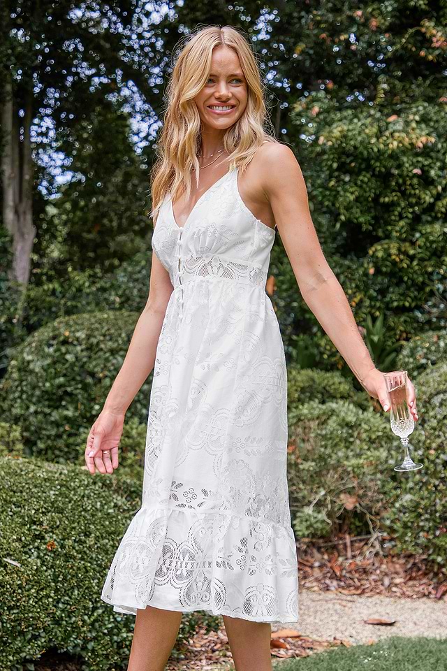 White Lace Front Button Flounce Slip Dress