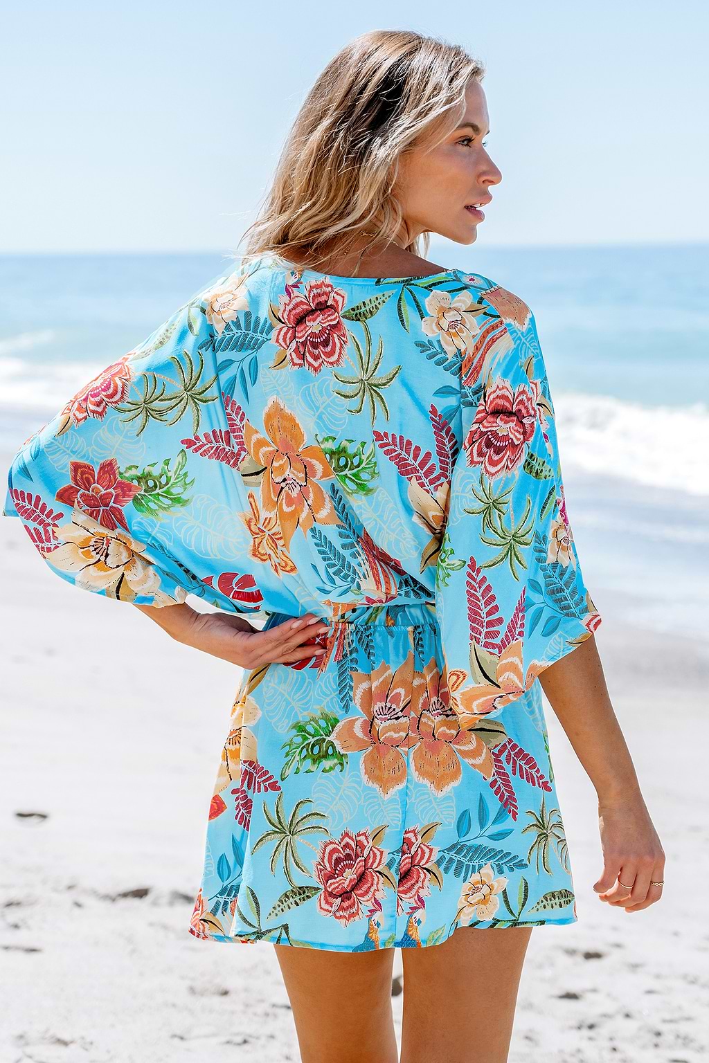 Blaues Tropisches Minikleid mit Dolman-Ärmeln