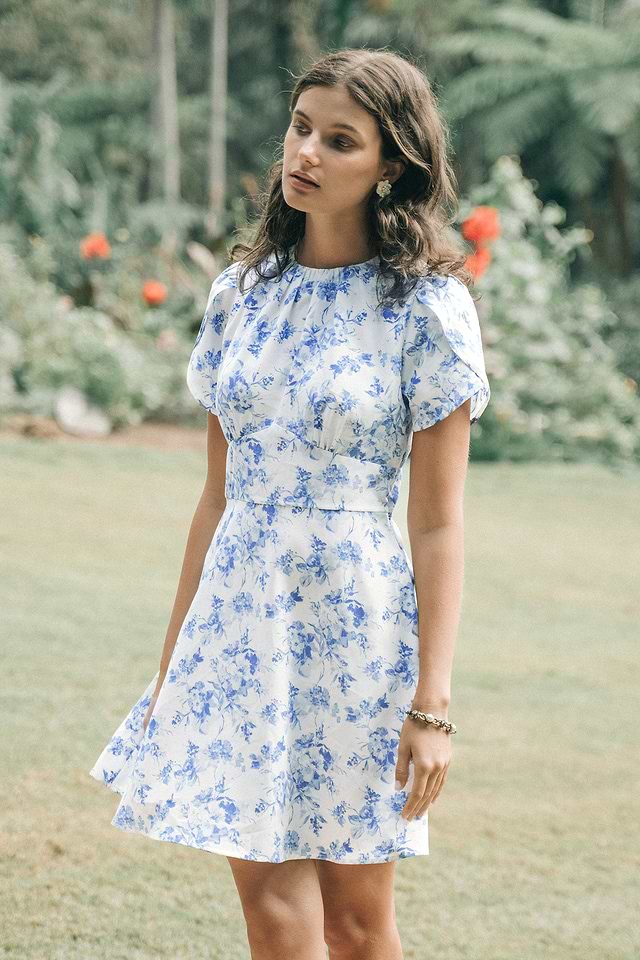 Blue & White Floral Short Sleeve Mini Dress
