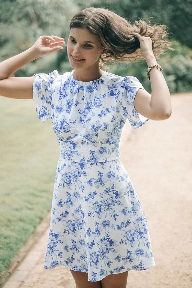 Blue & White Floral Short Sleeve Mini Dress