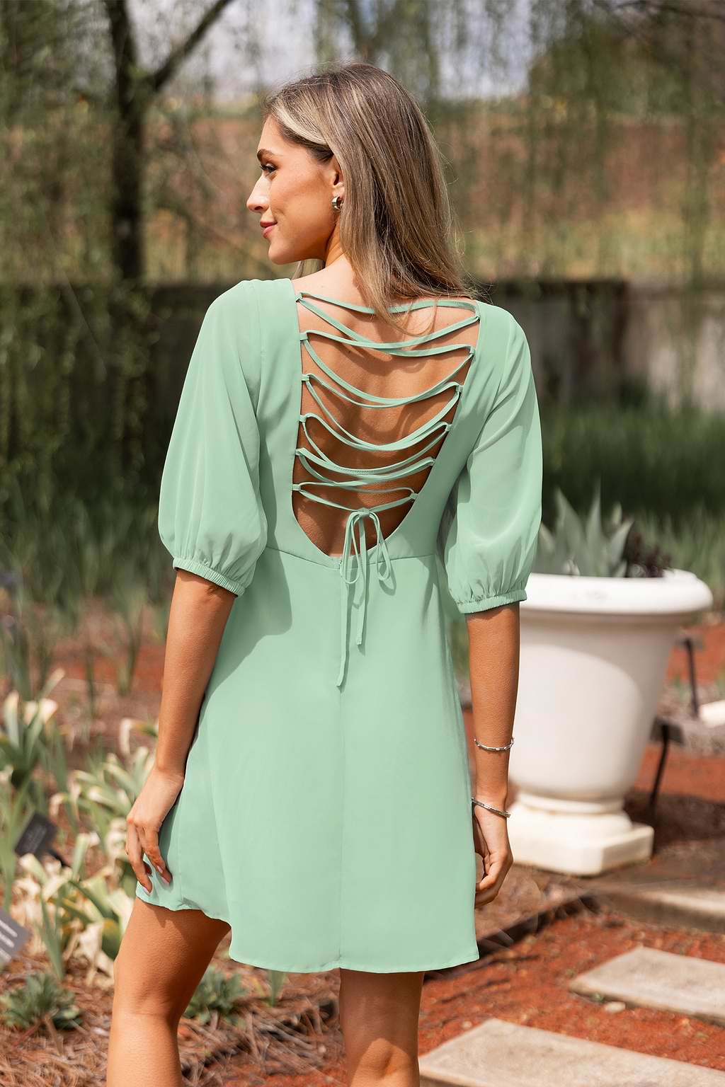 Mint Blouson Sleeve Lace-Up Back Mini Dress