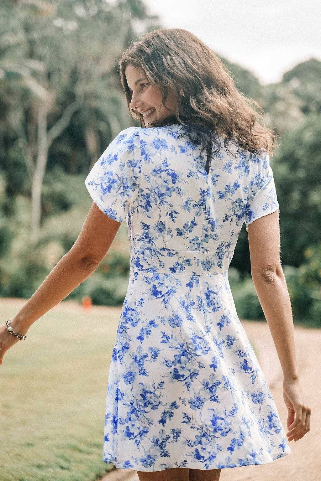 Blue & White Floral Short Sleeve Mini Dress