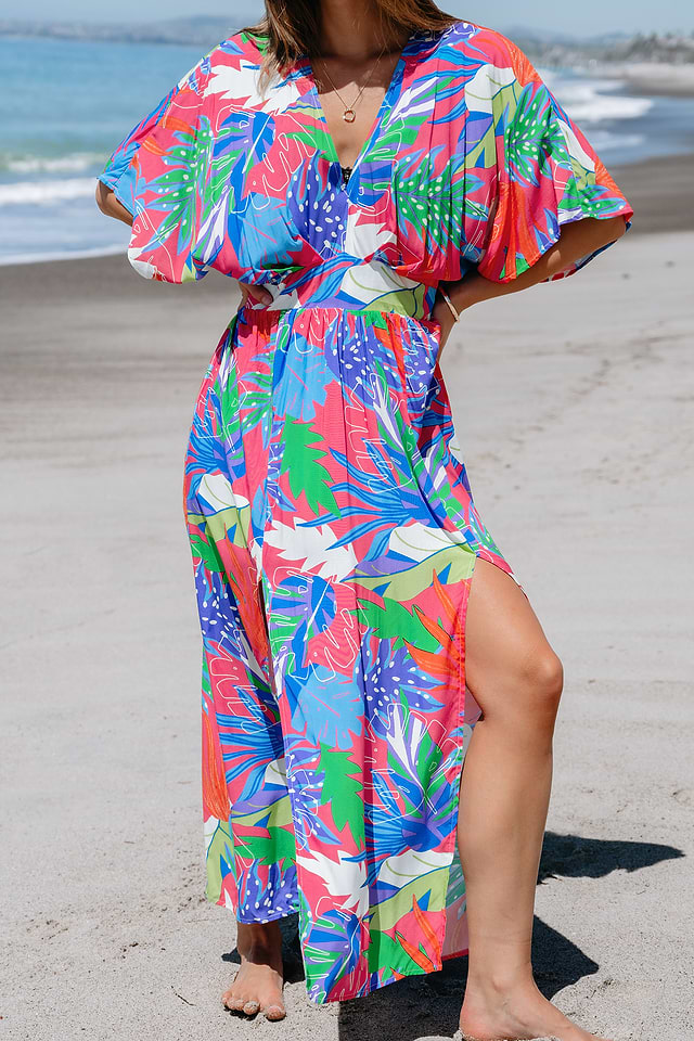 bright beach dress Summer Short Beach Dress, Bright Coral Floral Casual Tiered Recycle Si