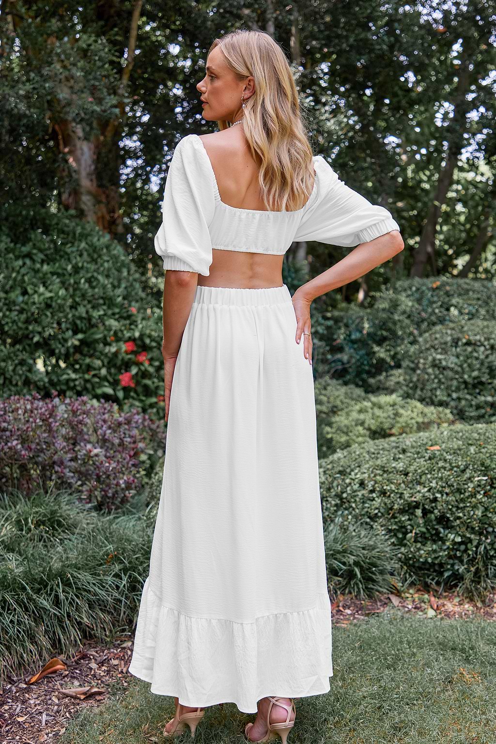 White Cutout Ruffled Maxi Dress