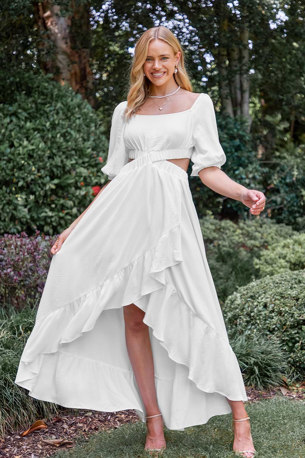 White Cutout Ruffled Maxi Dress