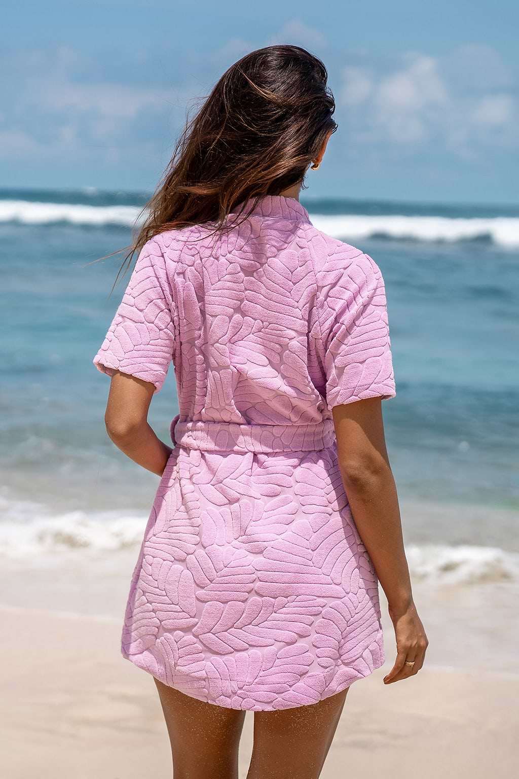 Pareo tipo kimono con frente abierto tropical morado