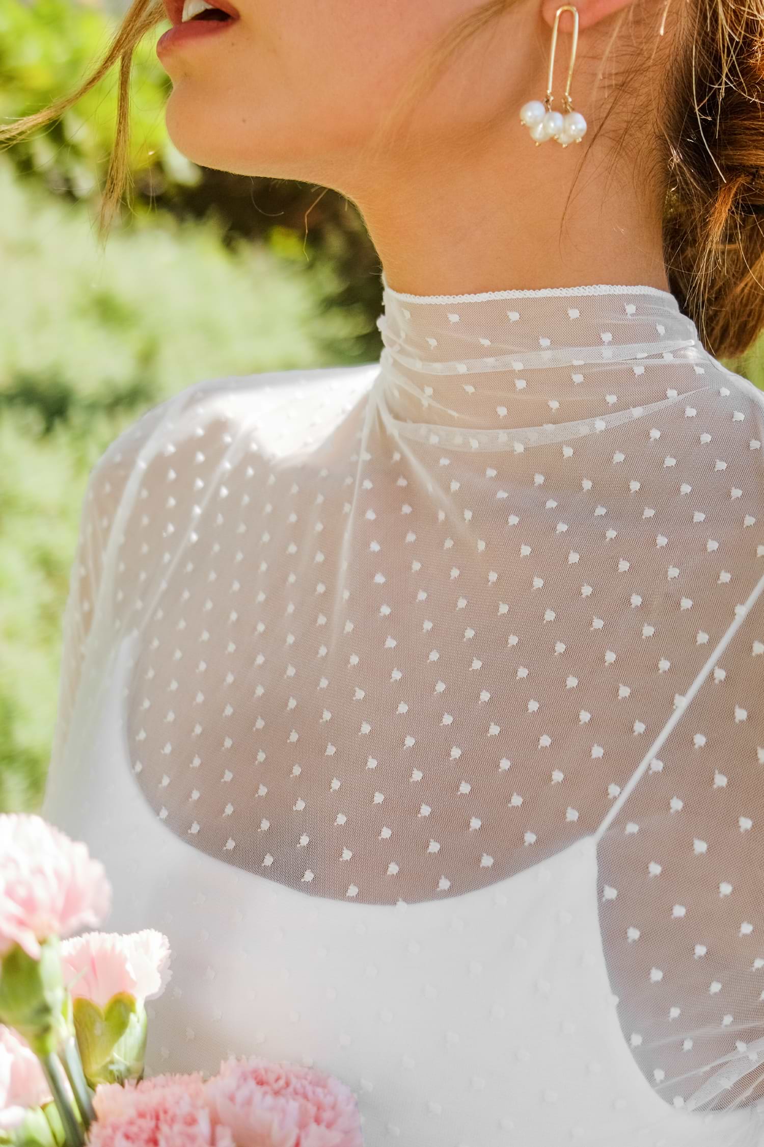 Sheer White Mockneck Long Sleeve Swiss Dot Top