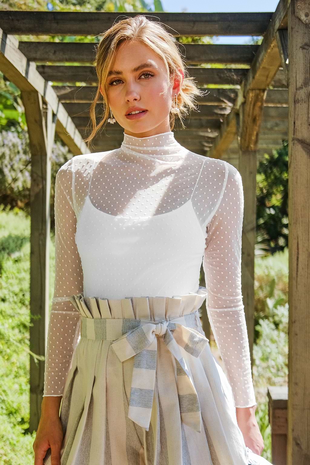 Sheer White Mockneck Long Sleeve Swiss Dot Top