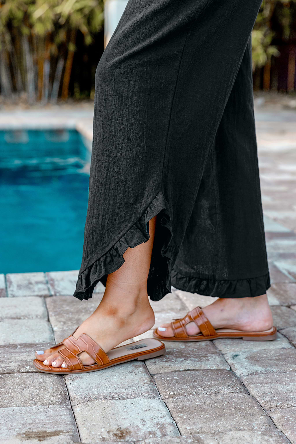 Black Smocked Waist Straight Leg Ruffle Trousers