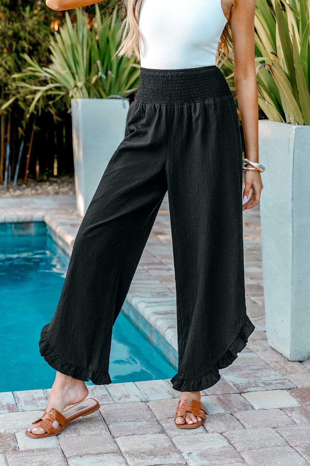 Black Smocked Waist Straight Leg Ruffle Trousers