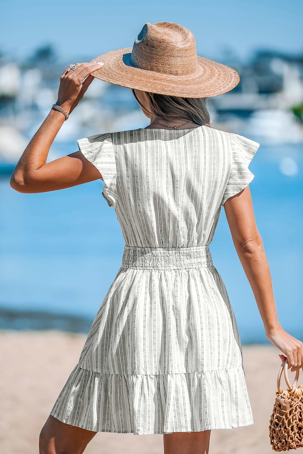 Striped V-Neck Ruffled Mini Dress