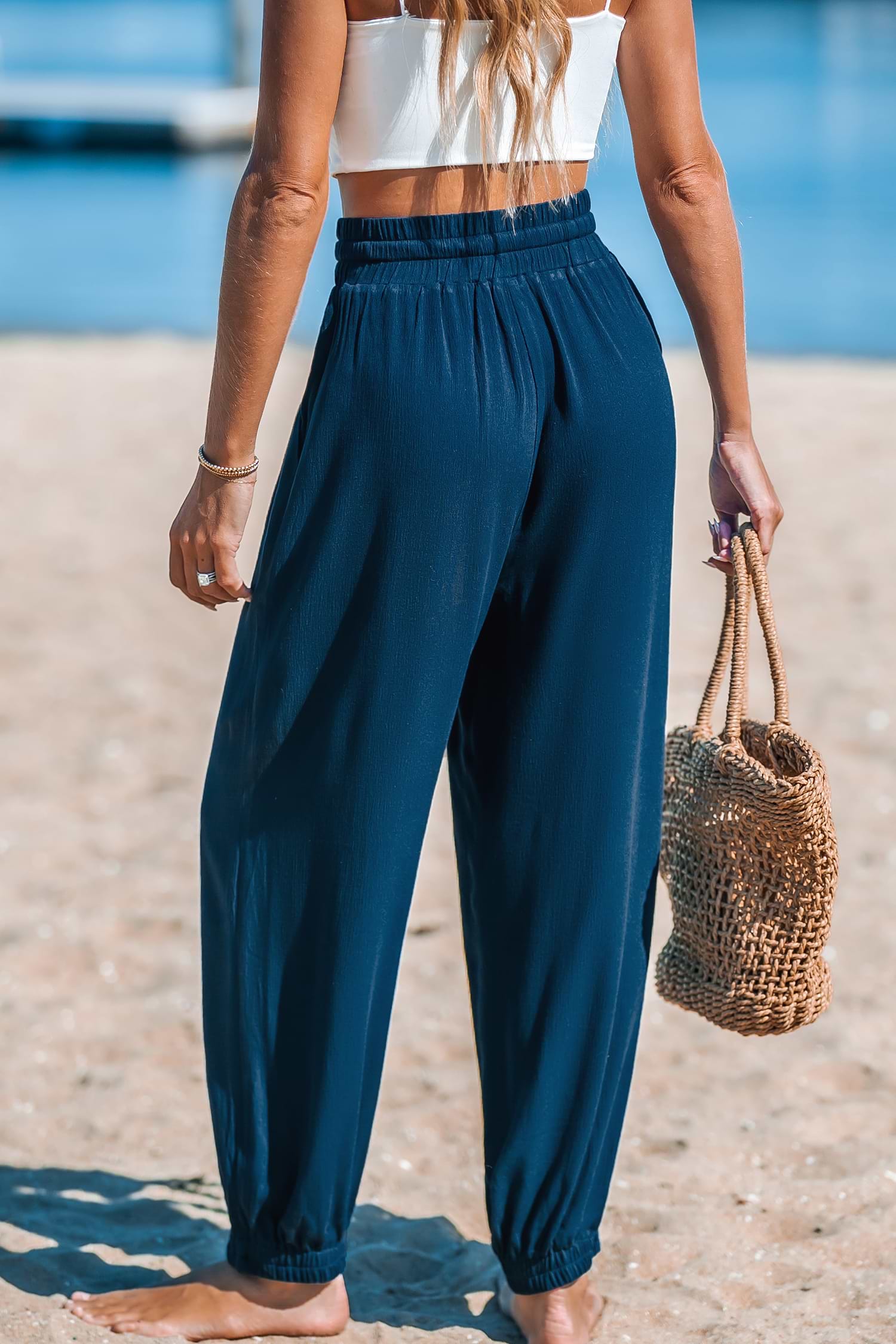 Navy Drawstring Waist Tapered Leg Pants