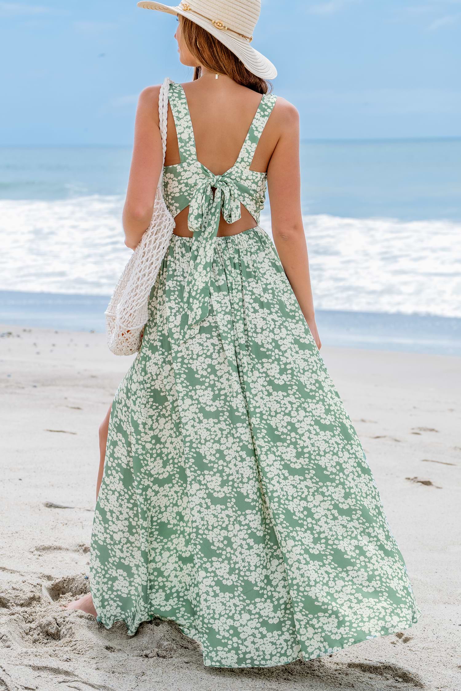 acka all sheer flower dress（beige） printed backless slit sheer maxi vacation dresses Vacation