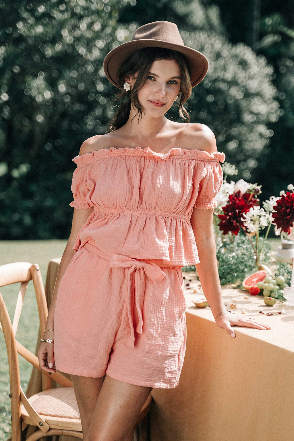 Reine Baumwolle Rosa gerafftes Top & Gerade geschnittene Shorts