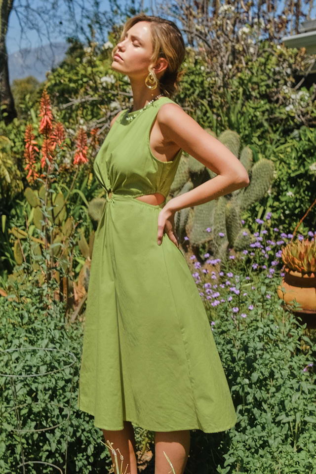 Retro Lime Green Linen Sleeveless Cutout Midi Dress