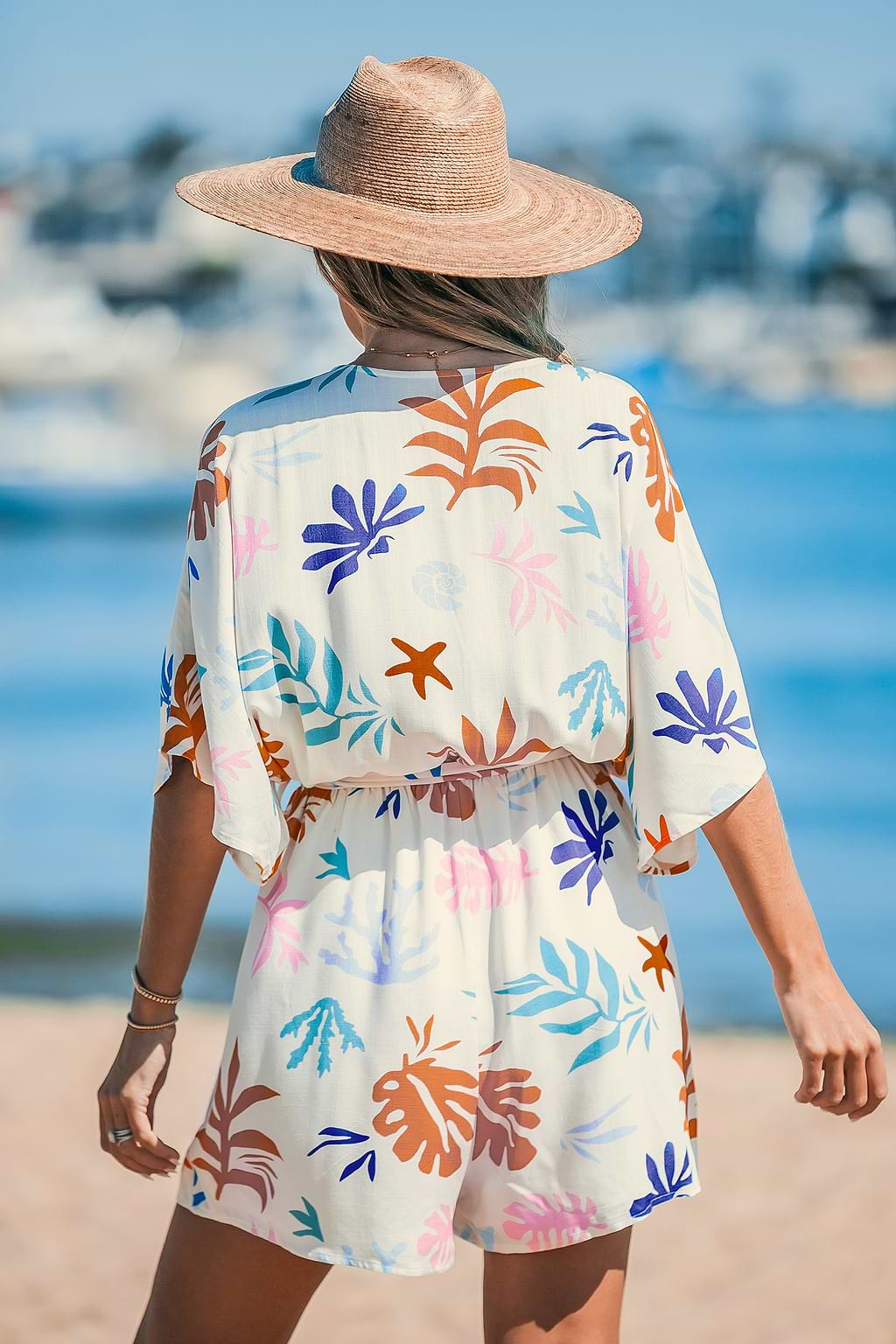 Leaf Print Belted Romper