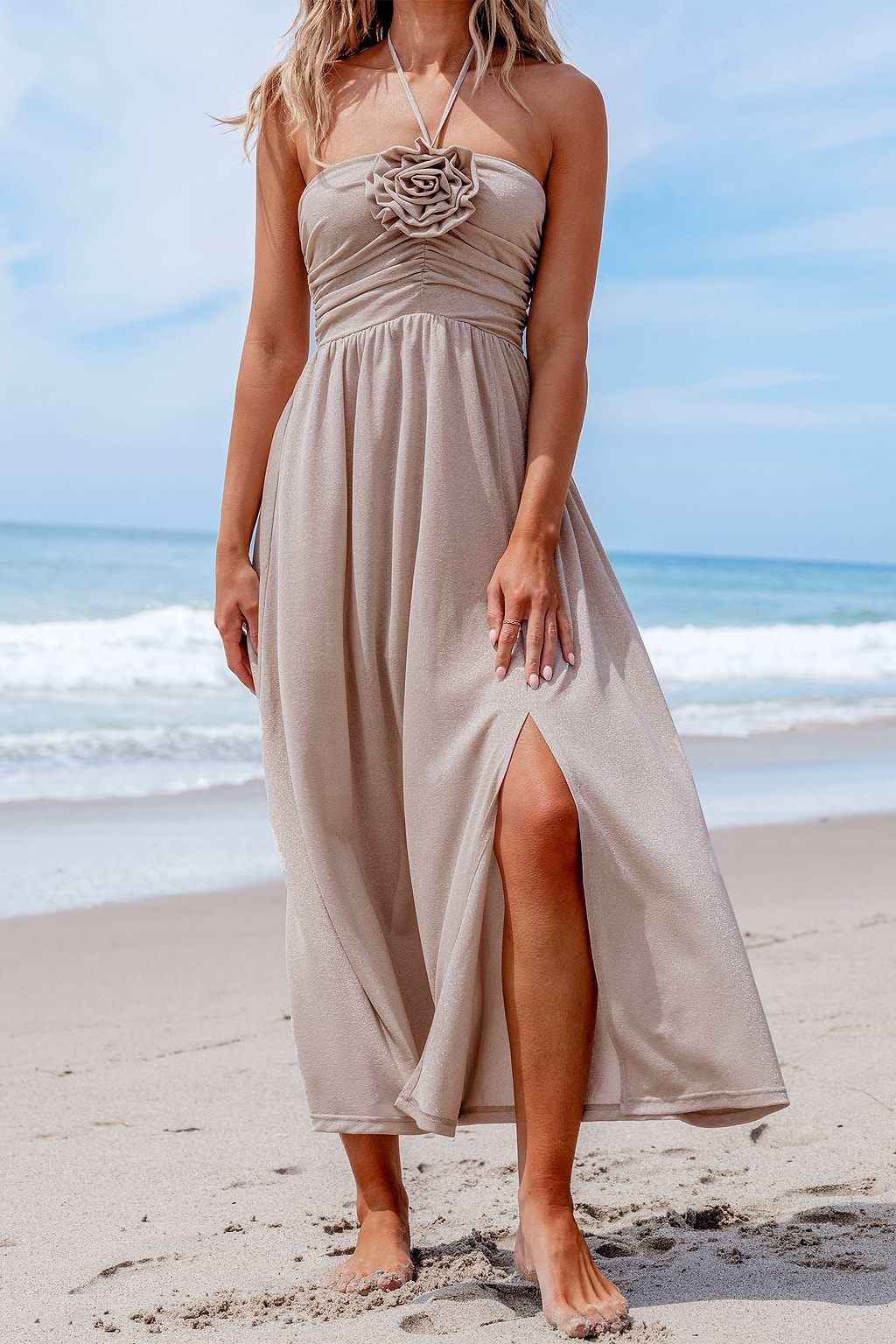 Floral Applique Halterneck Velvet Dress