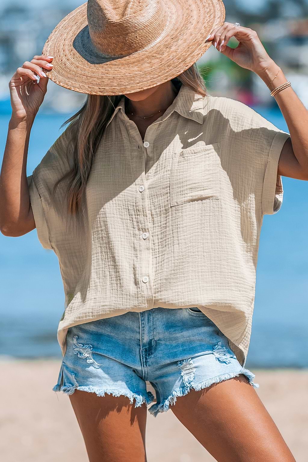 Apricot Collared Short Sleeve Button-Up Shirt