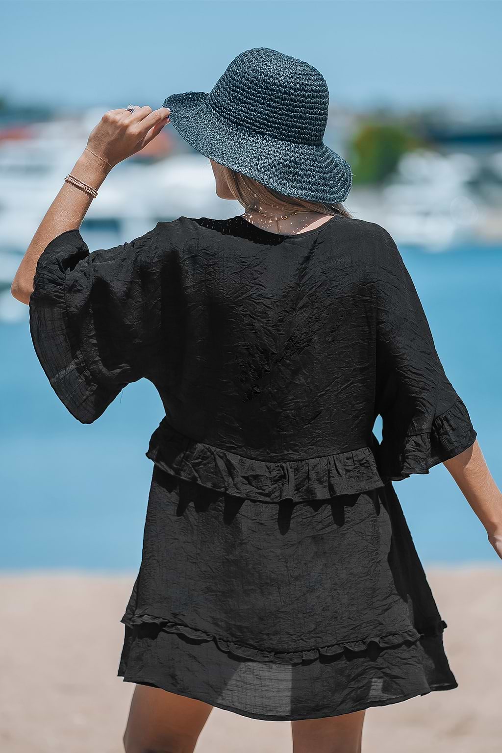 Plunging Half-Sleeve Ruffle Cover-Up Dress