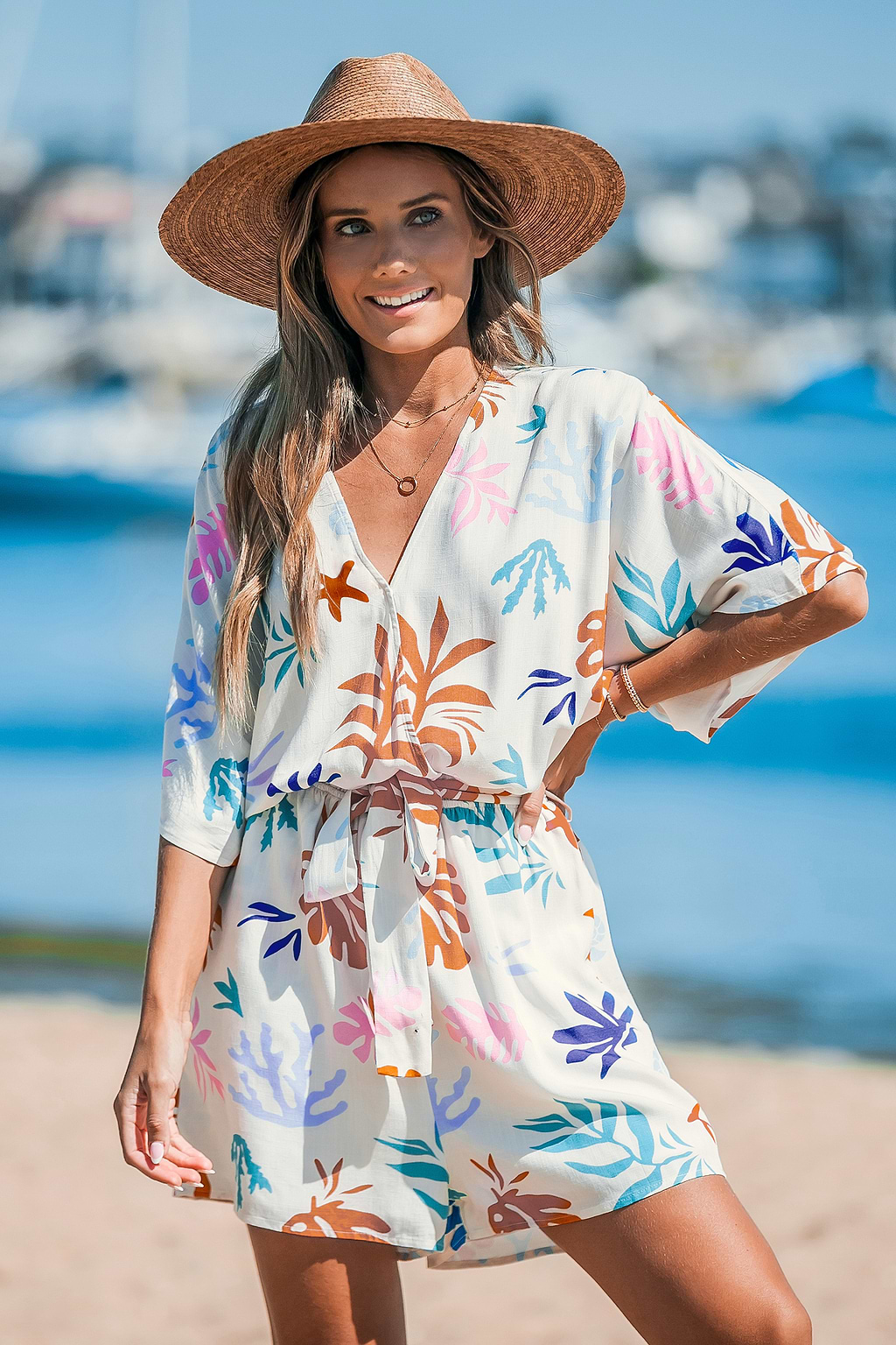 Leaf Print Belted Romper