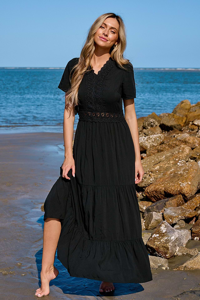 chinese dress ladies Floral Frill Trim Flounce Sleeve Plunge Maxi Dress – Charming Charlie main image 1