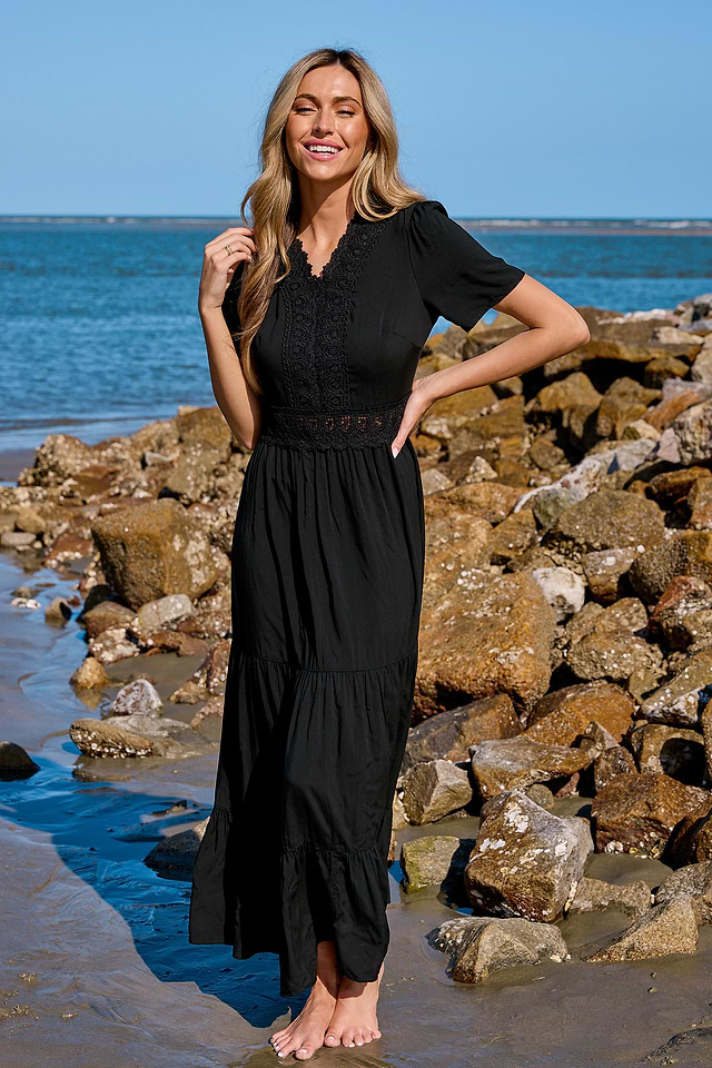 Black Lace Short Sleeve Flounce Hem Maxi Dress Black Lace Short Sleeve Flounce Hem Maxi Dress