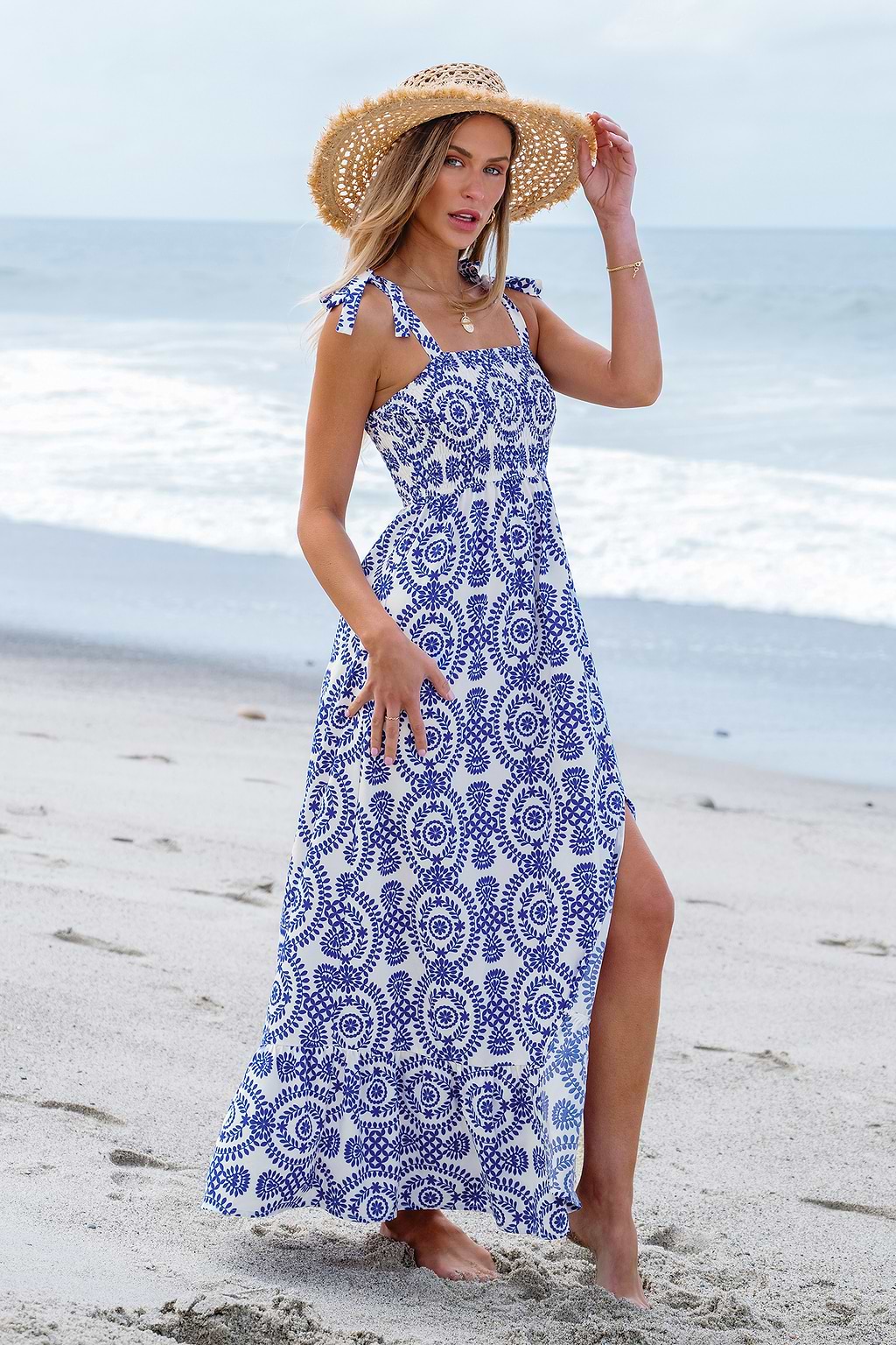 Ornate Print Smocked Tie Strap Dress