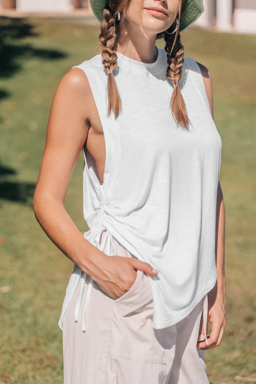 White Sleeveless Round Neck Asymmetrical Tee