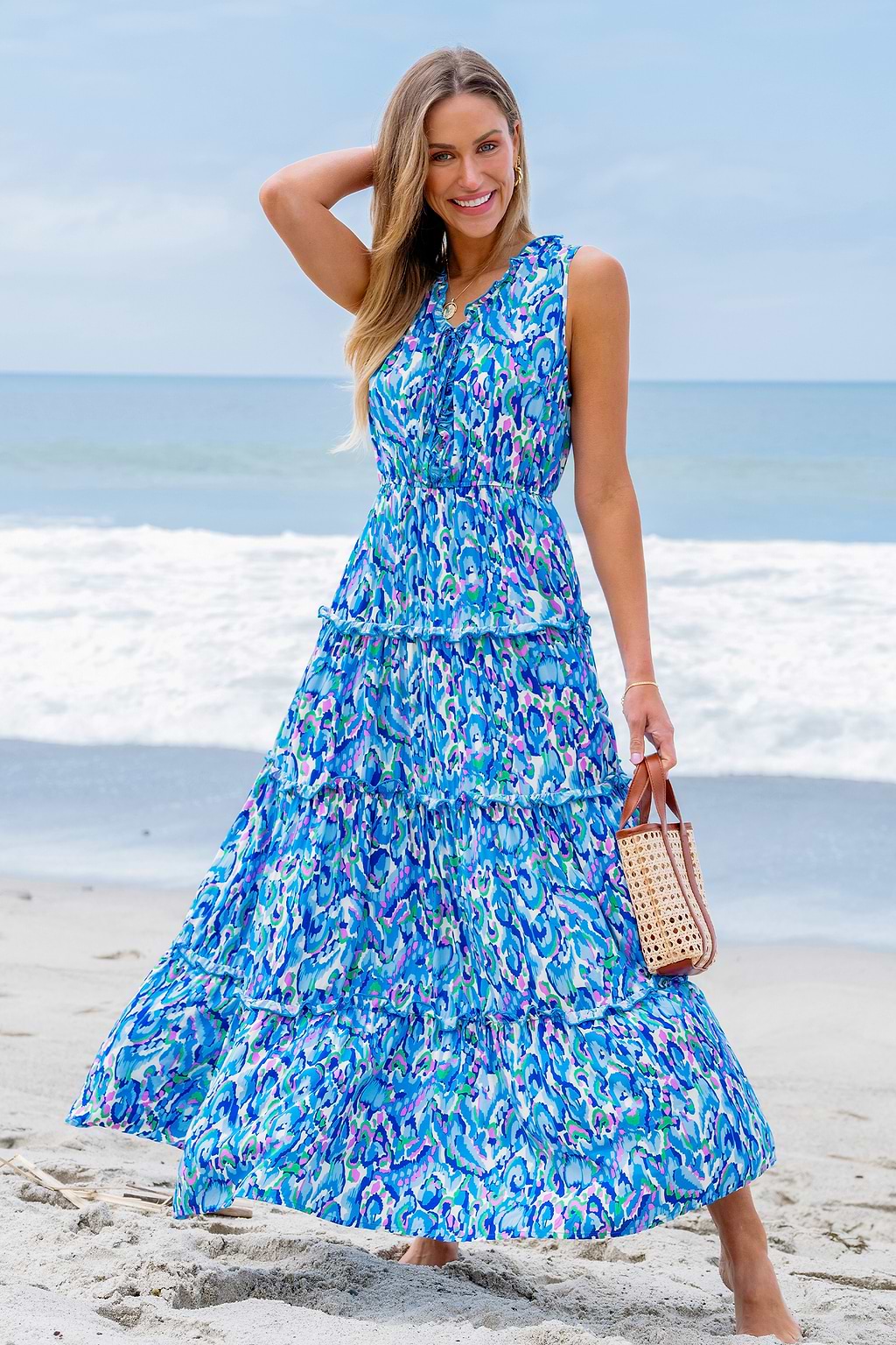 Abstraktes ärmelloses Rüschen-Maxikleid